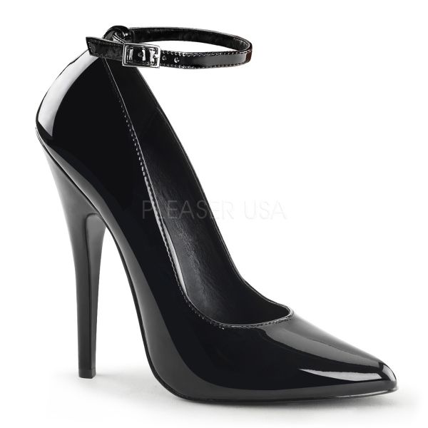 Sehr hohe schwarze High-Heel Stiletto Lack Pumps mit schmalem Fesselriemchen DOMINA-431